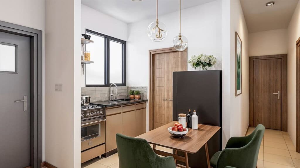 Modern kitchen with dining area and natural light, stylish home interior with contemporary decor.